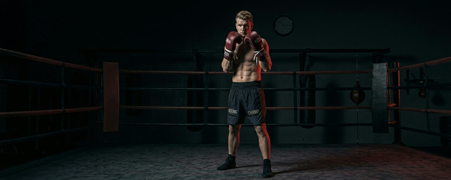 Boxeur en garde sur un ring, ambiance sombre et charbon