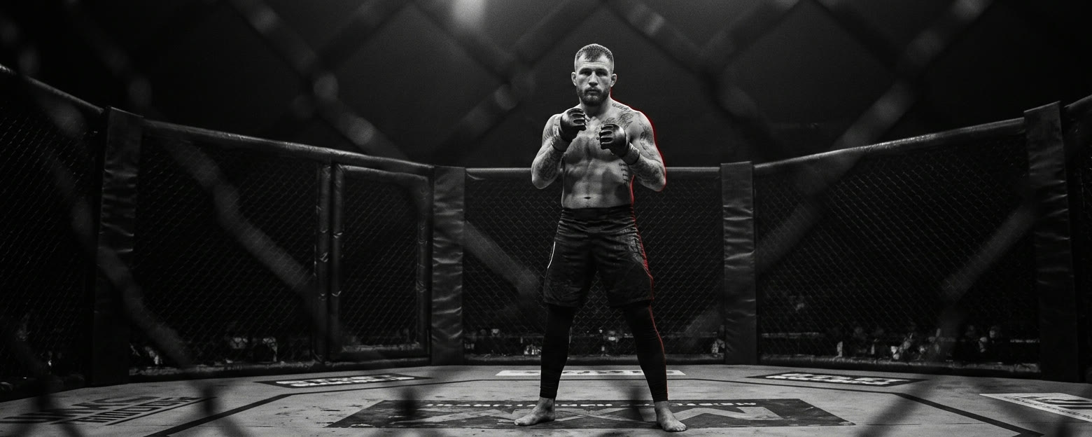 Combattant de MMA debout au centre d'une cage, lumière basse